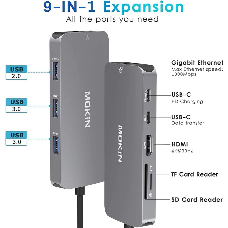 MOKiN USB C Hub Multiport Adapter for MacBook/Dell/HP, 9 IN