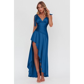 LAGSHIAN Women's Summer V Neck Sleeveless Bodycon Ruched Irregular Hem Cocktail Party Satin Flowy Maxi Dress Dark Blue