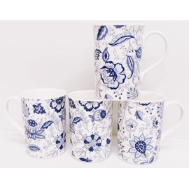 Blue Persia Mugs Set of 4 Fine China Classic Oriental Blue & White Flowers Floral Windsor Cups Hand Decorated in UK