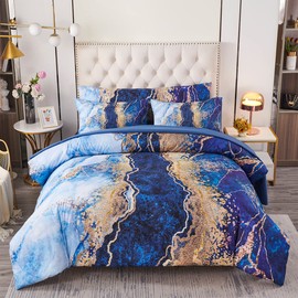 PERFEMET Watercolor Marble Printed Comforter Set Full Size 6 Pcs Blue Bed-in-A-Bag with Matched Bed Sheets Colorful Retro Artwork Style Bedding Comforter Sets(Blue, Full)