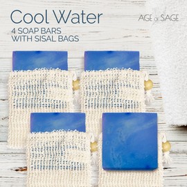 Age of Sage Natural Soap Bar w/ Sisal Bag, Vegan Artisan Soap Bar Set for Men, Body Soap in Bar Soap Pouch, Natural Bath Soaps w/ Essential Oils, 4 Plain Body Soap Bars, Cool Water