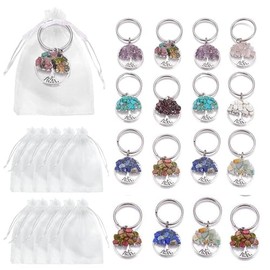MKISHINE Pack of 18 Bags Tree of Life Key Rings Made of Natural Crystal Stone Bags for Confectionery Decoration for Wedding Favours Communion Christening Birth Wedding Place Cards, multicoloured, S