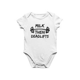 Freedomtees Milk Then Deadlifts Funny Baby Bodysuit – Barbell Design – Gym Themed Baby Gift – Cute Newborn Outfit for Fitness (White, New Born)