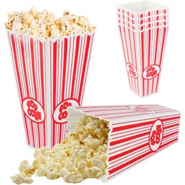 4 Pack Reusable Popcorn Containers, Classic Striped White & Red Plastic Holders Ideal for Family Movie Nights, Home Cinema Snack Boxes