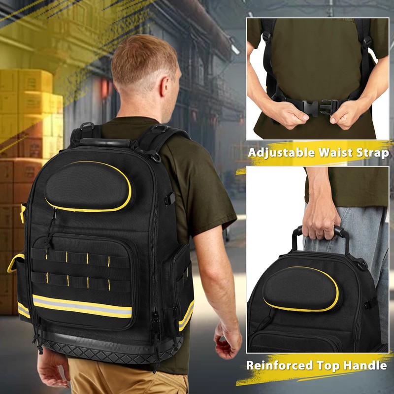 Trahzia Tool Backpack with Hard Bottom and 3 Pouches, Heavy