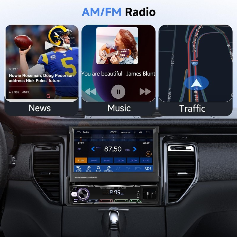 Podofo Upgrade Wireless CarPlay Single Din Radio 7 Inch Flip