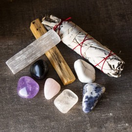 Relaxation and Anxiety Relief Healing Crystals Smudging Kit - 6 Healing Stones (Amethyst, Clear Quartz, Rose Quartz, Howlite, Black Tourmaline, and Sodalite), Palo Santo & California White Sage Smudge