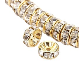 Allb 100Pcs Rondelle Spacer Beads 6mm Silver Plated Czech Crystal Rhinestone for Jewelry Making Loose Beads for Bracelets, gold