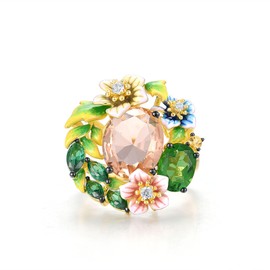 Santuzza Enamel Orchid Leaves Ring 925 Sterling Silver Champagne Glass Green Spinel Cubic Zirconia Ring for Women (9)