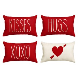 AVOIN Valentine's Day Saying Throw Pillow Cover, 12 x 20 Inch Holiday Kisses Hugs XOXO Love Heart Arrow Anniversary Wedding Cushion Case Decoration for Sofa Couch Set of 4