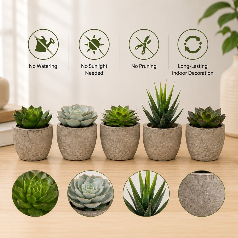 Artificial Succulent Plants in Decorative Cement-Style Pots – 5-Piece Faux
