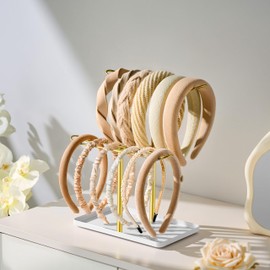 Headband Holder Organizer for Hair Accessories: Headband Storage Vanity Hair Clip Organizer, Two-Tier Stand with Storage Tray for Girls Women, Jewelry Necklace Rack for Vanity, Bathroom, Gold