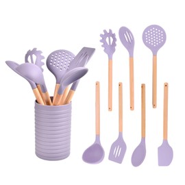 Silicone Kitchen Utensil Set,8 Pieces Cooking Kitchen Utensils Set with with Wooden Handle,Non Stick Silicone Gadgets Utensil Set with Holder,Heat Resistant Cooking Tools Set for Cooking (Purple)