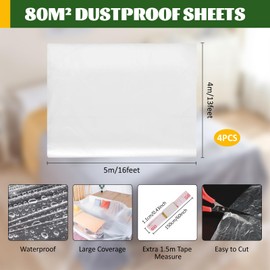 Pack of 4 Transparent Furniture Dust Protection Films, 4 x 5 m Waterproof Painter Cover Film, 80 m² Renovation All-purpose Film, Dustproof Painter's Tarpaulin with 1.5 m Tape Measure, Clear Painter's
