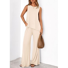 PRETTYGARDEN Women's 2025 Two Piece Matching Lounge Sets Asymmetrical Split Tank Tops Wide Leg Pants Summer Outfits Tracksuit (Beige,X-Large)