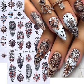 Retro Nails Stickers Spring Nails Sticker 3D Embossed Bohemia Self Adhesive Sticker Colorful Petals Designs Nail Decals Brown Nail Art Decals Summer Decals for Nail DIY Manicure 4Sheets