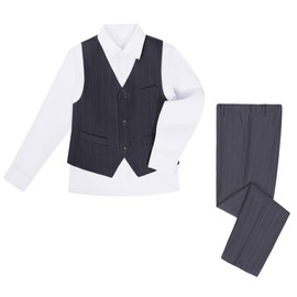 Boys Gray Pinstripe Dress Suits Set with Vest, Pants, Shirt, Tie, Bow Tie, Pocket Square, Size 6