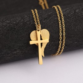 HEXALOVA Goth Cross Necklace Small Gold Chain Cross Pendant Necklaces for Women Angel Wing Necklace for Women Stainless Steel Gothic Jewelry (Gold B)