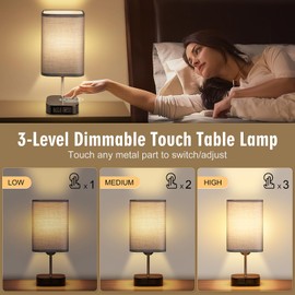 Bedside Lamps Set of 2 - Touch Lamps with USB-C+A Charging Ports, 3-Way Dimmable Table Lamp for Bedroom Living Room with Grey Fabric Shade (Bulbs Included)