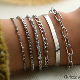 Quizzhe Boho Minimalism Silver Bracelet Dainty Gold Bracelet 6PC Classic Cuban Paperclip Chain Multiple Layers Bracelet Set Trendy Thin Link Stackable Jewelry Gift for Womens (Silver)
