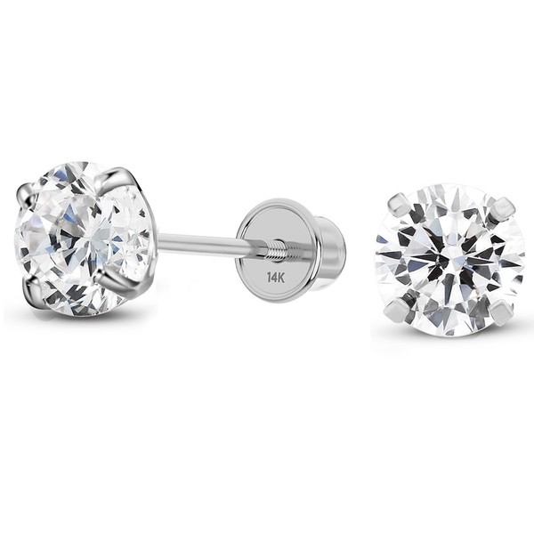 Solid 14K White Gold Round Solitaire Simulated-Birthstone Minimalist Stud Earring