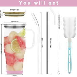 AiHeart 32 oz Glass Tumbler with Straw and Bamboo Lid, Large Capacity Glass Water Cup with Handle,Reusable Iced Coffee Cup with Silicone Coaster,Smoothie Cup,Fits In Cup Holder (Pink)