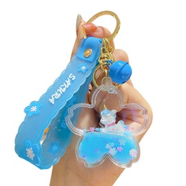 HSYHERE Llavero creativo y romántico con diseño de unicornio flotante y flor de cerezo con bola de ayuda a relajarse, llavero de coche con arena en movimiento, llavero, bolsa, colgante para llavero, correa para campana, color azul