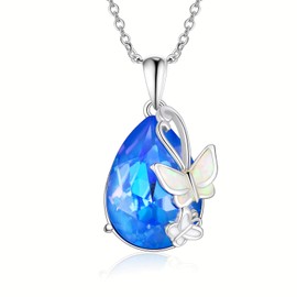 AOBOCO Blue Water Drop Butterfly Chain Drop Pendant Sterling Silver Butterfly Jewellery Gift for Women Girls, Silver, Opal