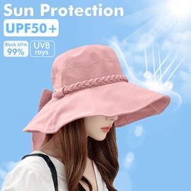 Women's Sun Hat Ultra Wide Brim Bucket Hat for Summer Cotton Sun Hats UV Protection Beach Hats Fishing Cap Floppy (CA/US, Alpha, One Size, Pink)