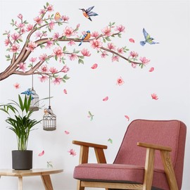 WOHAHA Wall Sticker, Stylish, Trees, Flowers, Birds of Twigs, Birdcage, Removable Wallpaper Sticker, Living Room, Rental House, Bedroom, Stylish, Wall Decoration, Waterproof, Comes with Back Tape,
