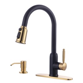 Black Gold Kitchen Faucet with Soap Dispenser, WOWOW Stainless Steel Kitchen Faucet for Sink 2 or 4 Hole, High Arc Vintage Kitchen Sink Faucet with Pull Down Sprayer