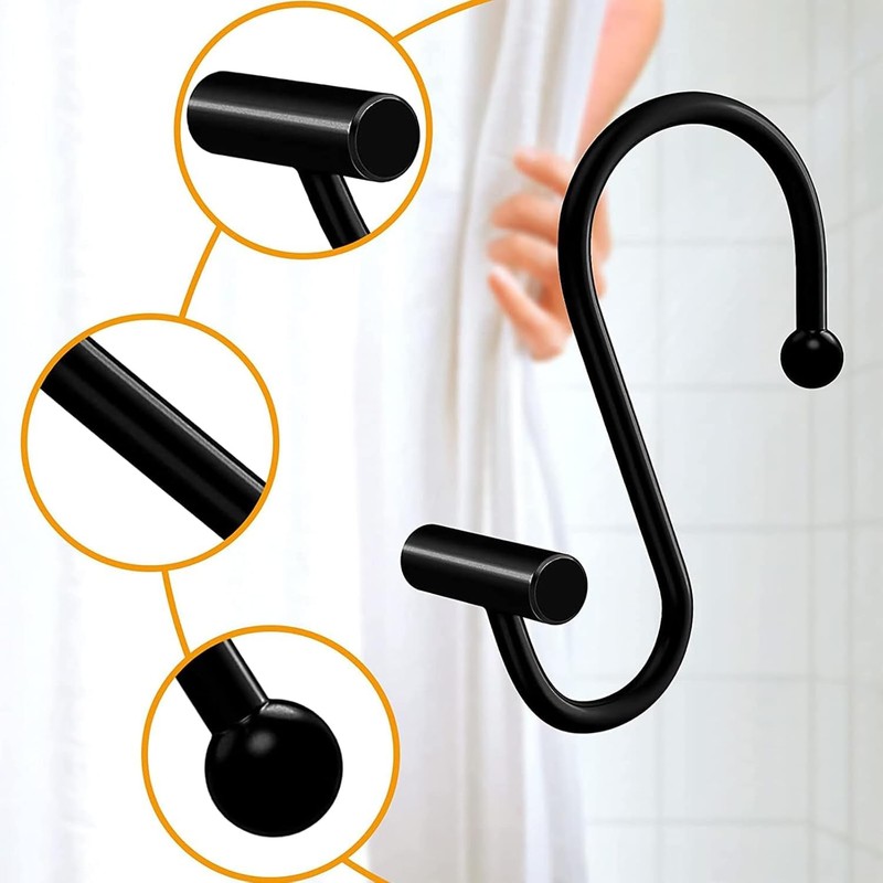 12 Pack Shower Curtain Hooks,Black Shower Curtain Hooks, Metal Durable