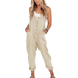 Yeokou Womens Overalls Linen Cotton Jumpsuits Loose Casual Jumpers with Pockets(Beige-Medium-new1)