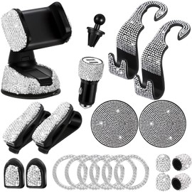 Tallew 20 Pcs Bling Car Accessories for Women, Rhinestone Car Accessories Set, Phone Holder Mount, Dual USB Adapter, Glasses Holders, Cute Interior Sets(White)