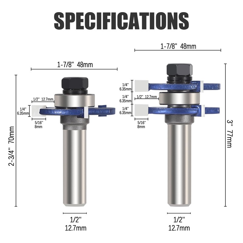 Vearter Tongue and Groove Router Bit Set, 1/2 Inch Shank