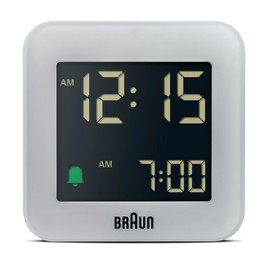 Braun Digital Travel Alarm Clock with Snooze, Compact Size, Negative LCD Display, Quick Set,Crescendo Beep Alarm in Grey, model BC08G.