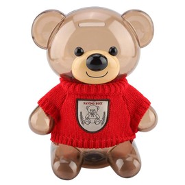 Children Coin Piggy Bank Money Box Cartoon Clothes Bear Piggy Bank Plastic Transparent Money Box Home Decoration(Red)