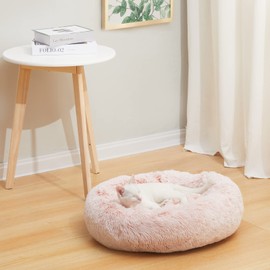 Bedfolks Calming Donut Dog Bed Cat Bed, 23 Inches Round Fluffy Dog Beds for Small Dogs, Machine Washable Anti-Anxiety Plush Puppy Bed（Pink, Small）