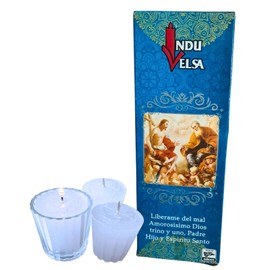 Velas blancas para Bendecir con 1 vaso de Cristal Cajilla c/ 12 velas INDUVELSA | Veladoras Docenera Divina Providencia | Veladoras Velas votivas | Velas blancas parafina