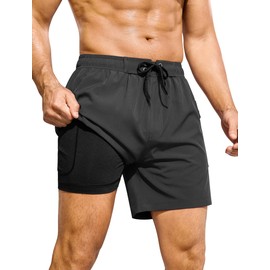 SILKWORLD Mens Swim Trunks 6" Quick Dry Bathing Suit Beach Swimming Shorts with Compression Liner and Zipper Pocket, Black, Medium