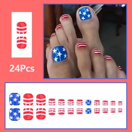 24Pcs 4th of July Press on Toenails Square Short Fake Toe Nails Independence Day Reusable False Toenails Kit Star and Stripes Toenails Artificial Acrylic Toenails Press ons Summer Toe Nails for Women