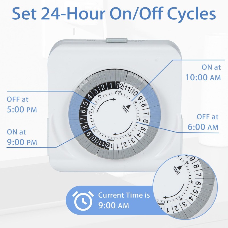 C-GLNKY 24-Hour Mechanical Timer for Electrical Outlets, Dual 3-Prong Outlets,