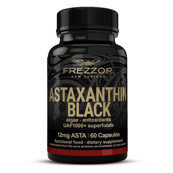 FREZZOR Astaxanthin Black with UAF1000+ Super Antioxidant, Supports Heart, Eye & Brain Health, Anti-Aging Skincare & Cellular Protection, 12mg Astaxanthin per Serve, 60 Softgels, 1 Month Supply