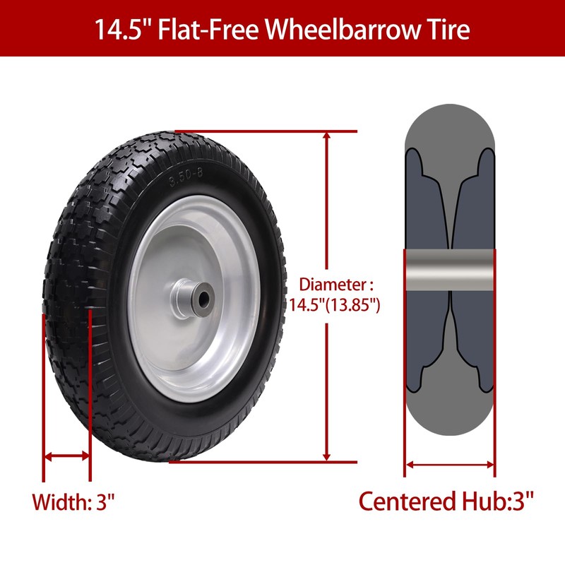 LTNICER 14.5" Wheelbarrow Tire, 3.50-8" Flat-free Solid Tire and Wheel