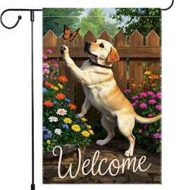 Welcome Spring Summer Garden Flag 12x18 Inch Double Sided Small Butterfly Labrador Retriever Seasonal Wildflowers Burlap Decor Rustic Farmhouse Home Yard Lawn Decoration