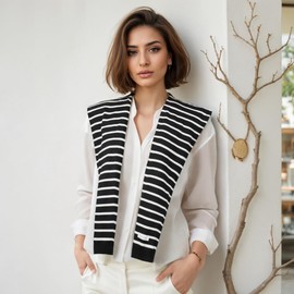WaJuemy Women's Sweater Shawl Wraps Sleeves Knitted Collar Sweater Scarf Top Casual Lightweight Shoulder Cape Accessories (16 Black White Stripe X)