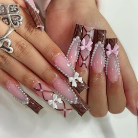 Press on Nails Long Coffin Square Nude Pink White 3D Bow French Tip Fake Nails Long with Designs Full Cover False Nails Square French Tip Glue on Nails Cute Long Coffin Square Acrylic Thick Stick on Nails for Women Nails Art 24Pcs CZ312-B7