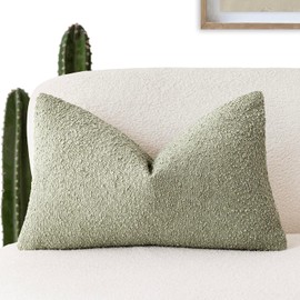 Foindtower Decorative Textured Boucle Throw Pillow Covers Accent Solid Lumbar Pillow Cases Neutral Soft Couch Cushion Case for Chair Sofa Bedroom Living Room Home Decor 12x20 Inch,1PC,Dirty Sage Green