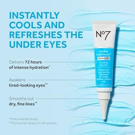 No7 Gel refrescante para debajo de los ojos HydraLuminous+: gel hidratante para ojos que suaviza las líneas finas y secas con ácido hialurónico y niac