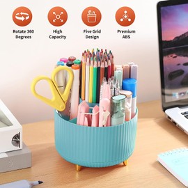 Pencil Pen Holder for Desk, 5 Slots 360°Degree Rotating Pencil Pen Organizers for Desk, Desktop Storage Stationery Supplies Organizer, Cute Pencil Cup Pot for Office, School, Home, Art Supply (Blue)